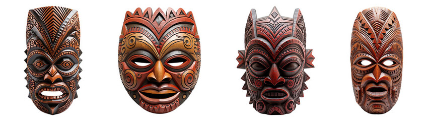Naklejka premium Collection set of traditional wooden tribal masks isolated on transparent background