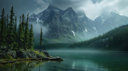 Naklejka premium A Serene Mountain Lake with Fog and Trees