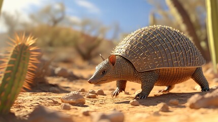 Obraz premium Curious Armadillo Scurries Across Desert Floor: A Close-Up Look