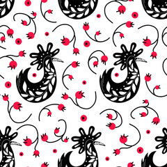  Folk ornamental bird and berries seamless pattern. Suitable for printing on fabric and paper. Vector background.