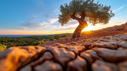 Ancient olive grove, gnarled trunks, Mediterranean sunset