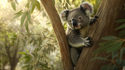 Obraz premium Adorable Koala Climbs Eucalyptus Tree in Australia