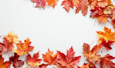 Maple leaves on white background, autumn background with copy space