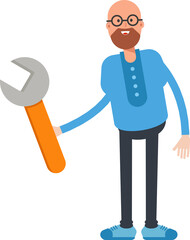 Bald Man Character Holding Wrench Tool
