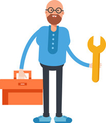 Bald Man Character Holding Toolbox and Wrench
