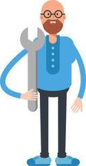 Bald Man Character Holding Wrench
