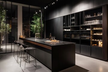 A luxurious contemporary kitchen with a black island and stools, featuring modern appliances, stylish shelving, and a large window providing lush green views and natural light.