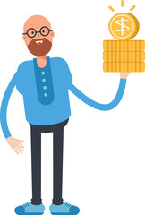 Bald Man Character Holding Dollar Coins
