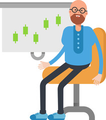 Bald Man Character Presenting Candlestick Chart
