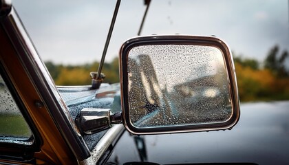 Rear view mirror of a classic car on a rainy day,car, mirror, road, driving, view, speed, reflection, drive, travel, rear, sky, rearview, window, transportation