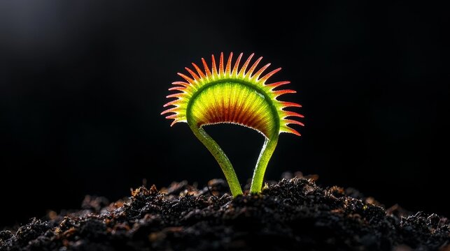 Close-up of Dionaea muscipula (Venus flytrap) closing on prey