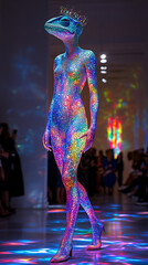 Chameleon in Color-Changing Dress at a fashion show