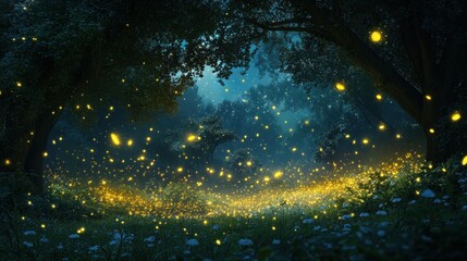Fireflies Glowing in a Dark Forest