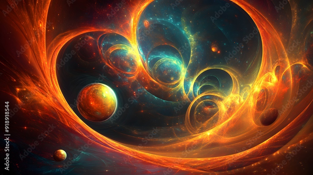 Wall mural 32. abstract geomatics with swirling patterns and glowing orbs