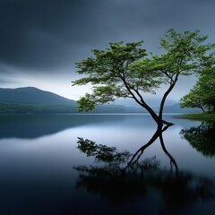 Obraz premium A serene lakeside image portrays a single tree perfectly reflected in the calm water, capturing the tranquil tranquility and beauty of nature's stillness.