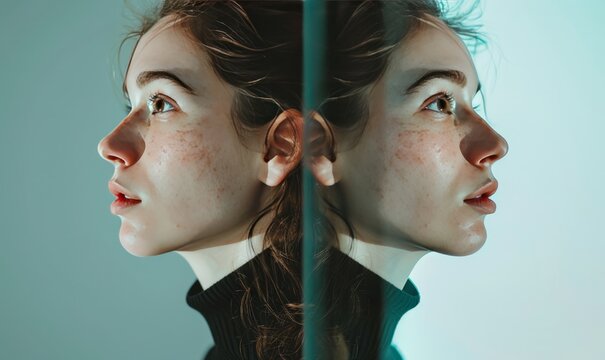 Minimalist portrait with mirrored symmetry, exploring the dual aspects of personality and identity