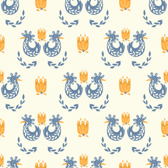  Folk ornamental bird and flowers seamless pattern. Suitable for printing on fabric and paper. Vector background. 