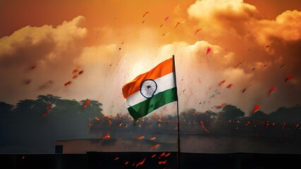 india independence day. flag on the beach at sunset