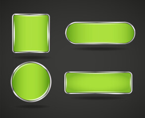 Green silver frame website button set. Circle square glossy frame