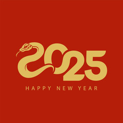 Red background, golden snake forming 2025, Happy New Year text.