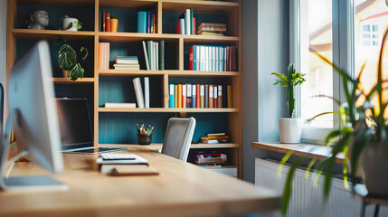 Modern Home Office with Bookshelf and Plants Photo