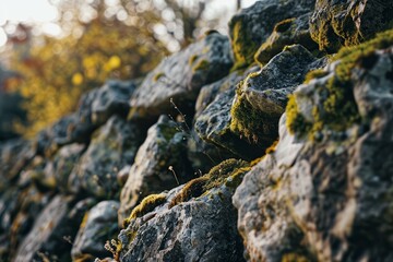 A photo of rough stone wall texture with moss and lichen in the background