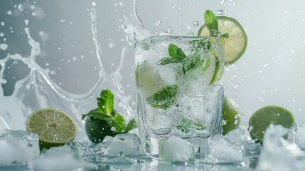 Glass of Mojito summer cocktail with ice cubes mint and lime on white background with raw lime and mint leaf