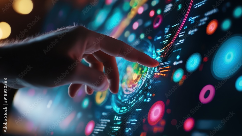 Poster close up of a hand pointing at a data filled infographic on a computer screen with vibrant visuals
