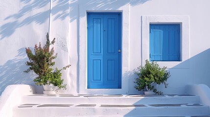 Fototapeta premium A vibrant blue door with a flat design, surrounded by a crisp white exterior and minimalist decor