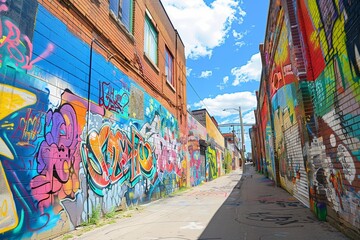 Naklejka premium A photo of a vibrant graffiti wall in an urban alley during midday