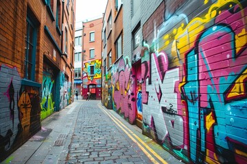 Fototapeta premium A photo of a vibrant graffiti wall in an urban alley during midday
