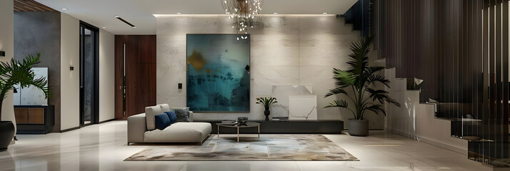 Modern Interior Design with Abstract Artwork - 3D Illustration