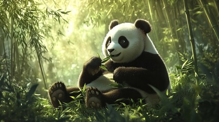 Fototapeta premium Peaceful Giant Panda Resting in Bamboo Forest
