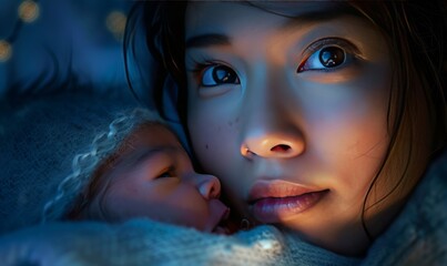 Mother tender expression as she cradles her newborn, eyes filled with unconditional love