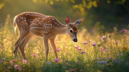 Peaceful Deer Grazing in a Meadow at Dawn