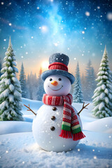 happy snowman standing in winter Christmas landscape