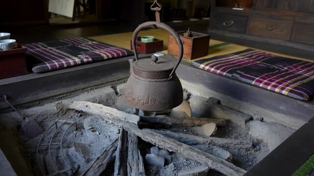 Hearth and iron kettle in an old Japanese house