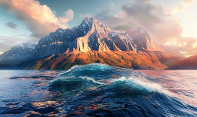 Naklejka premium Mountain peaks gradually becoming waves, blending rock and water in surreal harmony