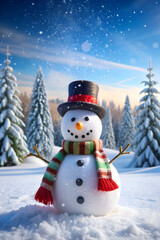 Obraz premium happy snowman standing in winter Christmas landscape