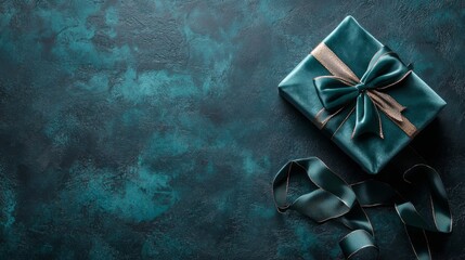 Teal Velvet Gift Box with Gold Ribbon on Dark Green Background