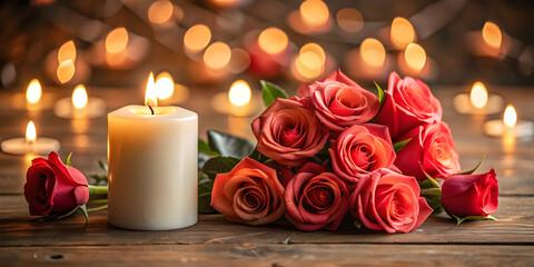 pale red roses a lit white candle with several