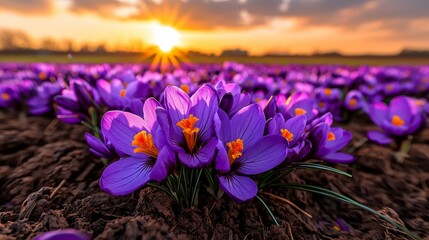 Field of saffron crocuses in bloom, valuable spice