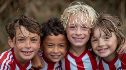 Fototapeta premium Four boys, in red and white striped soccer jerseys posing for the camera smiling with arms around each other