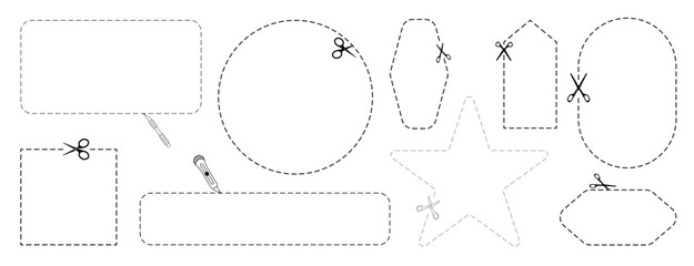 Cut here icon. Set of scissors cutting shape, paper cut here icon with dotted line for ticket, coupon, promo code.