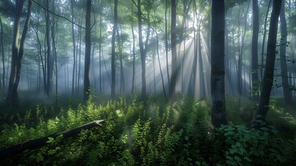 Fototapeta premium A misty forest at dawn, with rays of light breaking through the fog and highlighting the lush green undergrowth.