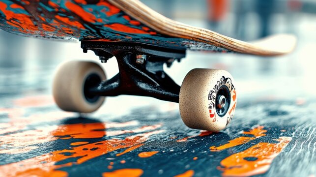 A detailed closeup shot of a skateboard deck showing the texture of the grip tape and the colorful design underneath with the wheels slightly visible in the background