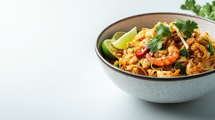 A bowl of pad kra pao on a clean white background with room for text or logos.