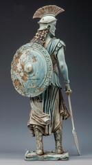 Fototapeta premium A detailed statue of a Spartan warrior holds a spear and shield, exhibiting artistry in sculpture and historical representation
