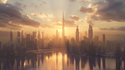 A stunning sunset over a modern cityscape, with skyscrapers reflecting in the water.