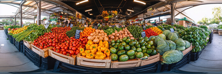 Panoramic view of fresh vegetables on display at an organic farm market